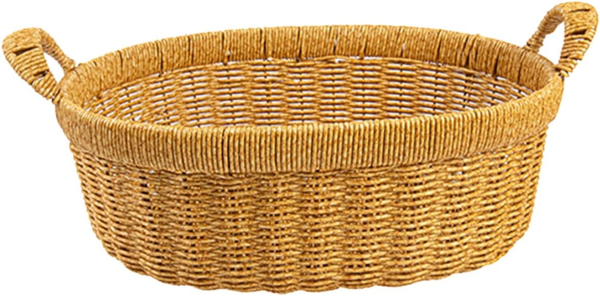 BESTonZON Imitation Rattan Woven Bread Basket with Double Handles Large Oval Plastic Storage Basket for Kitchen Snack and Fruit Serving Tray Indoor Outdoor Use