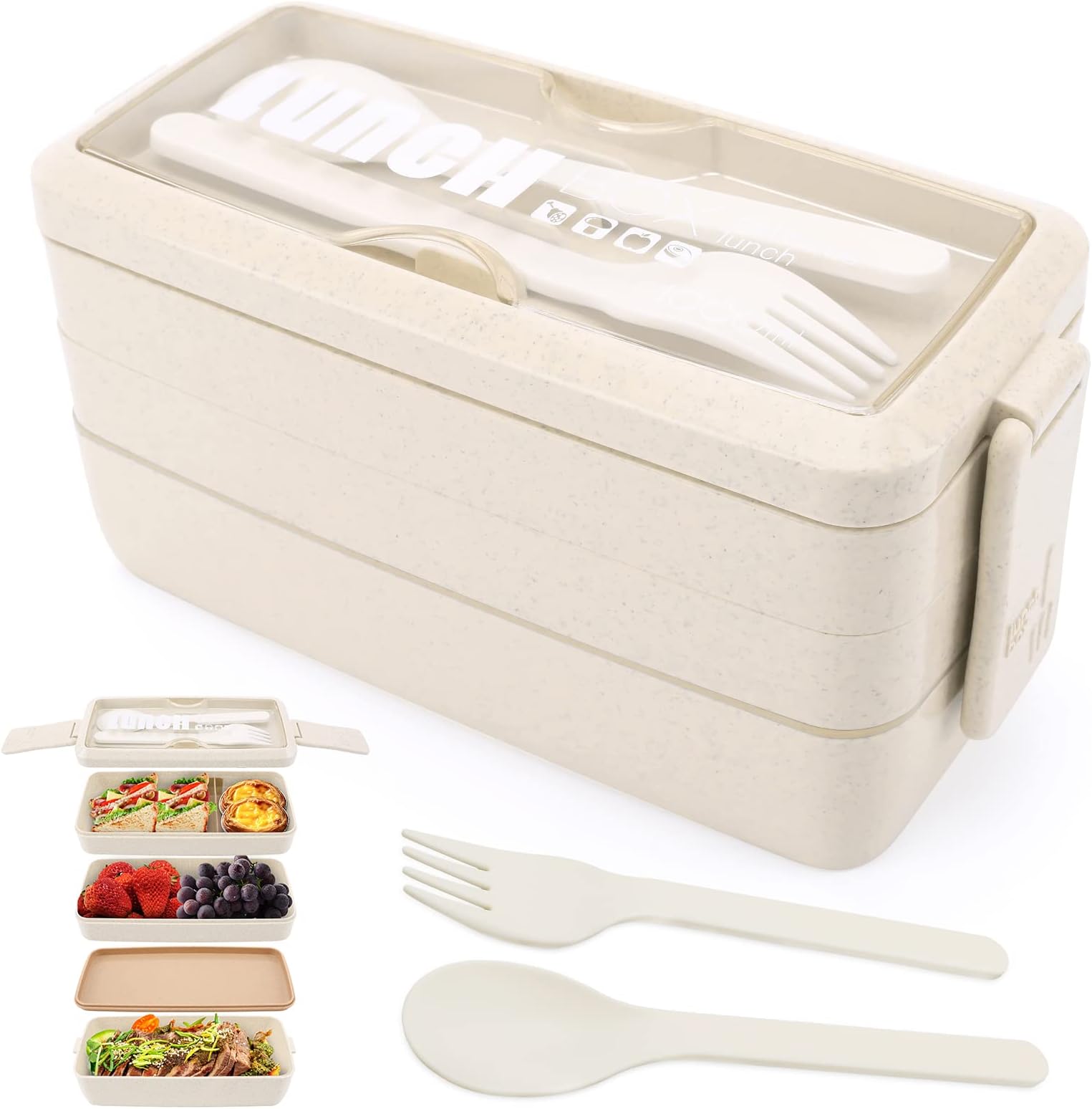 3 Layer Lunch Box Bento Box for Adults, 4-in-1 Meal Prep Container with Fork & Spoon, 1000ml Food Storage Box for Men Women Student School Office, Microwave Dishwasher Safe Available (Beige)