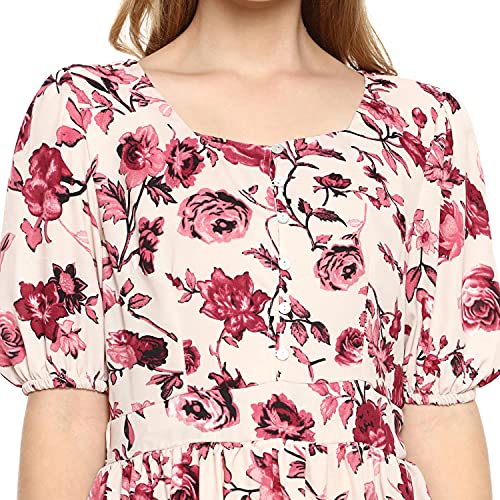 Image of PINACOLADA Women's Floral Print Dress with Ruffle Detail for Casual Wear | Short Sleeve | Crepe Midi Length Dress Crafted with Comfort Fit and for Everyday Wear
