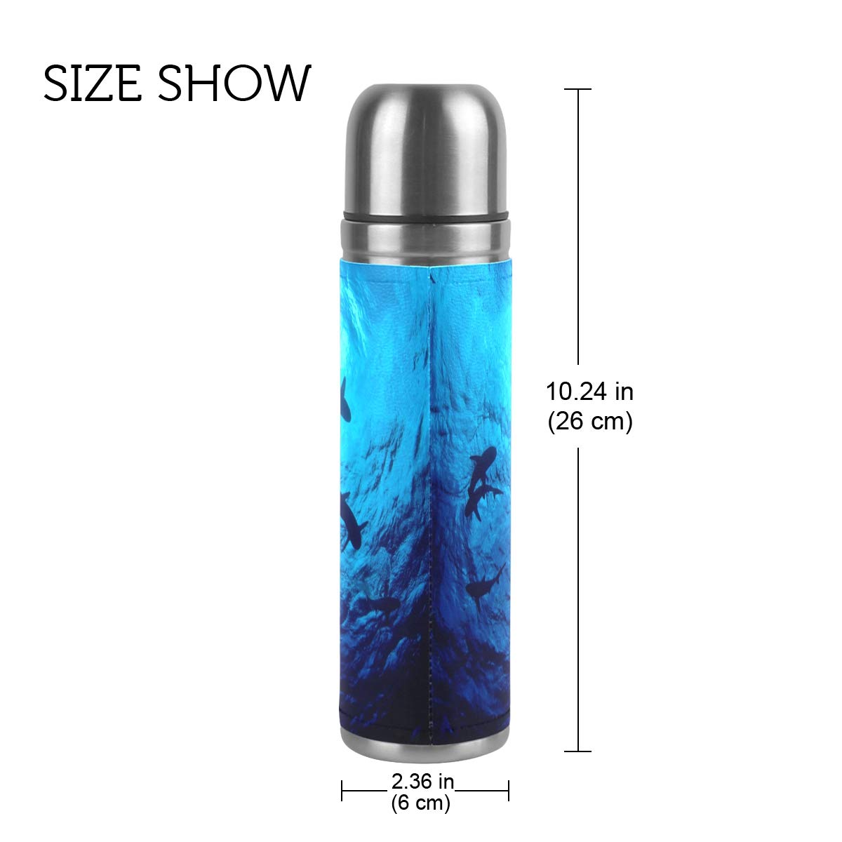 Taza de viaje de acero inoxidable con aislamiento al vacío, doble pared, a prueba de fugas, diseño de tiburón, estampado personalizado impreso en piel auténtica, termo de 500 ml