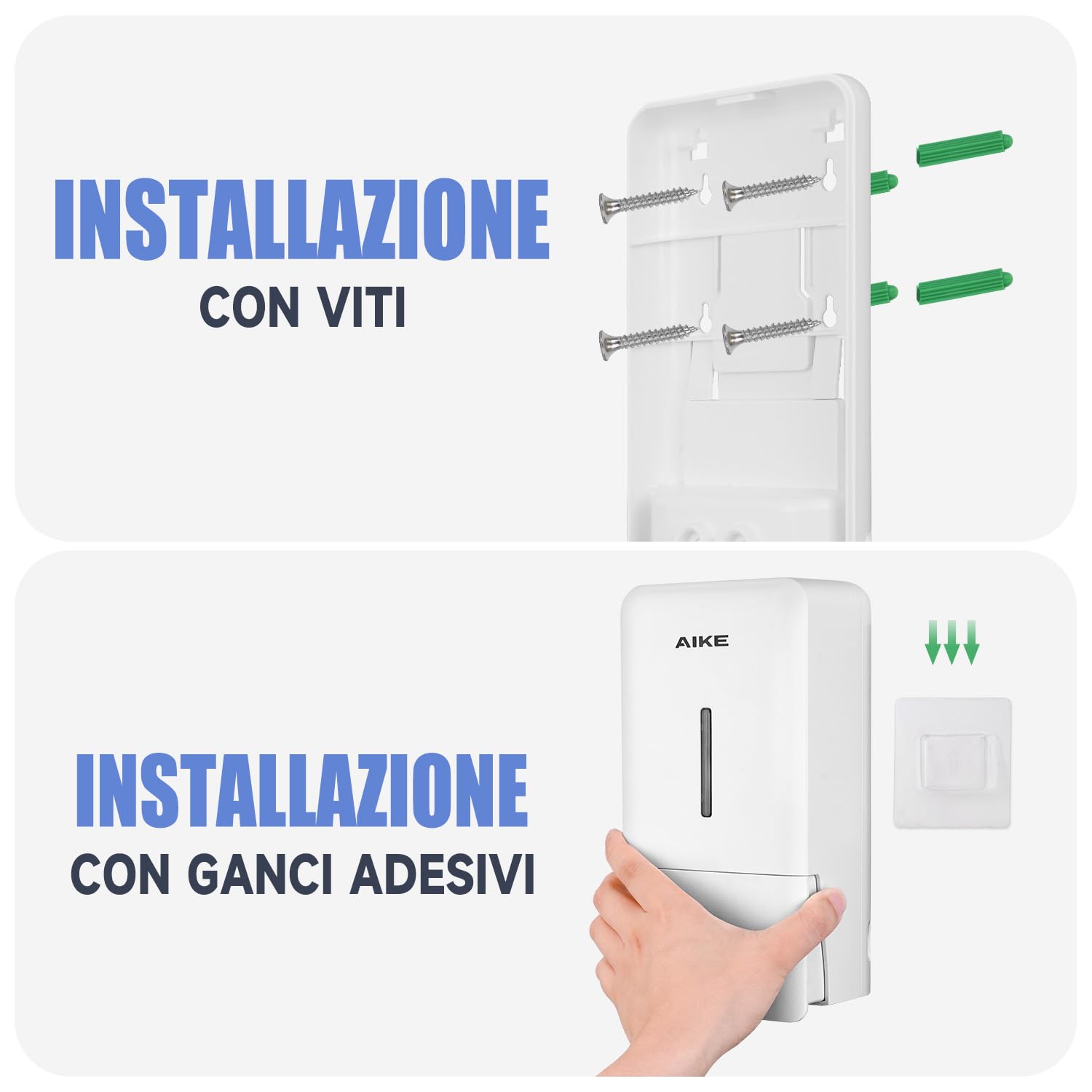 AIKE AK1006 Dispenser Sapone Bagno Muro, 800 ml Manuale in Plastica, Liquido per Mani Commerciale, Bianco