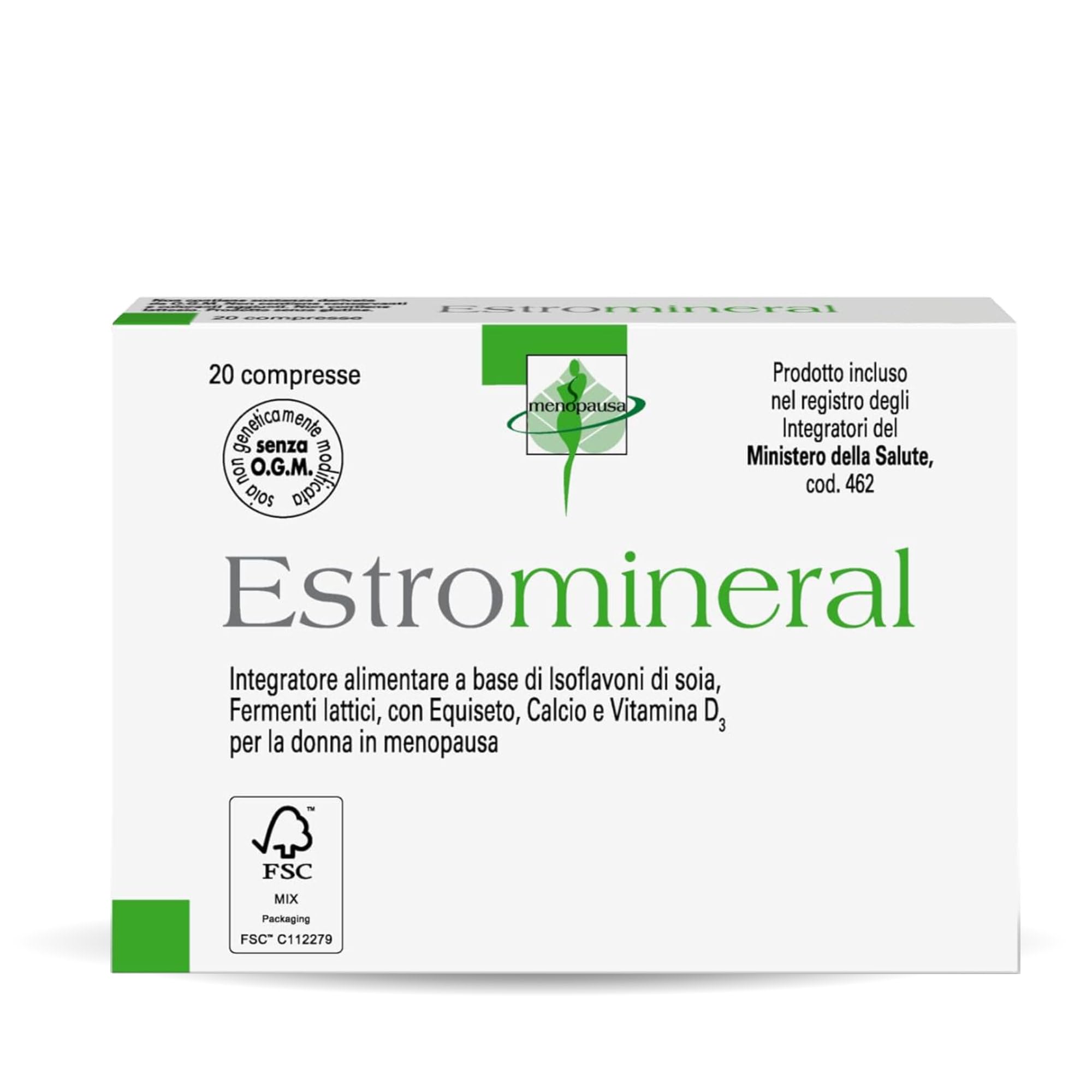 Estromineral, Integratore Menopausa Favorisce il Drenaggio, 20 Compresse con Isoflavoni di Soia, Fermenti Lattici, Equiseto, Calcio e Vitamina D3, Senza Glutine e Senza Lattosio