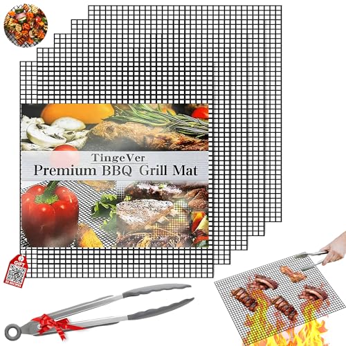 TingeVer - Set of 5 Non Stick BBQ Grill Mesh, Heavy Duty, Mesh Grill Mat + Tong + Code QR with 30 Recipes, Easy to Clean, Works on Gas, Charcoal, Electric Grill