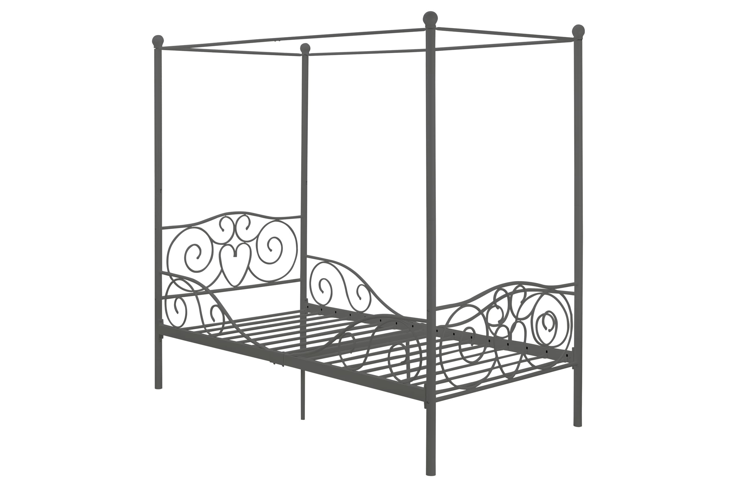 DHP Metal Canopy Kids Platform Bed with Four Poster Design, Scrollwork Headboard and Footboard, Underbed Storage Space, No Box Sring Needed, Twin, Pewter