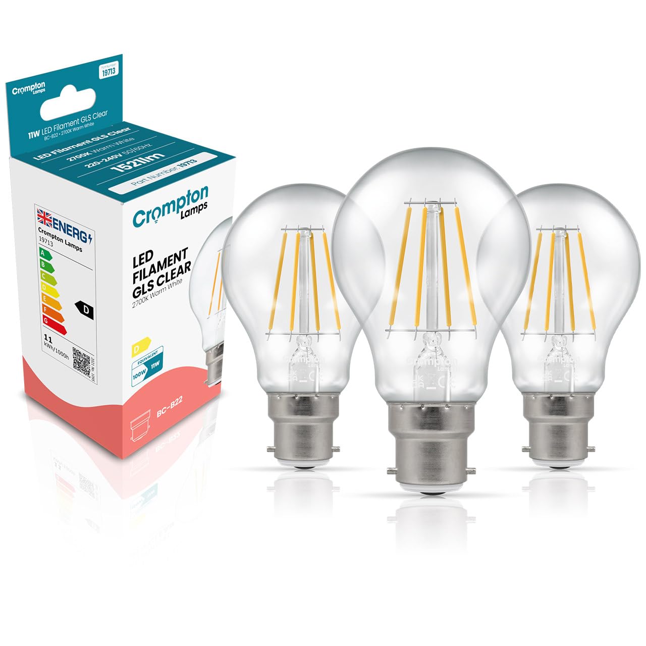 Crompton Lamps Filament GLS LED Light Bulb BC-B22d | 11W = 100W Equivalent | Warm White 2700K | Energy Efficient | Bayonet Lightbulb | Long Life 15,000-Hrs | Clear Glass | Dimmable | 3-Pack