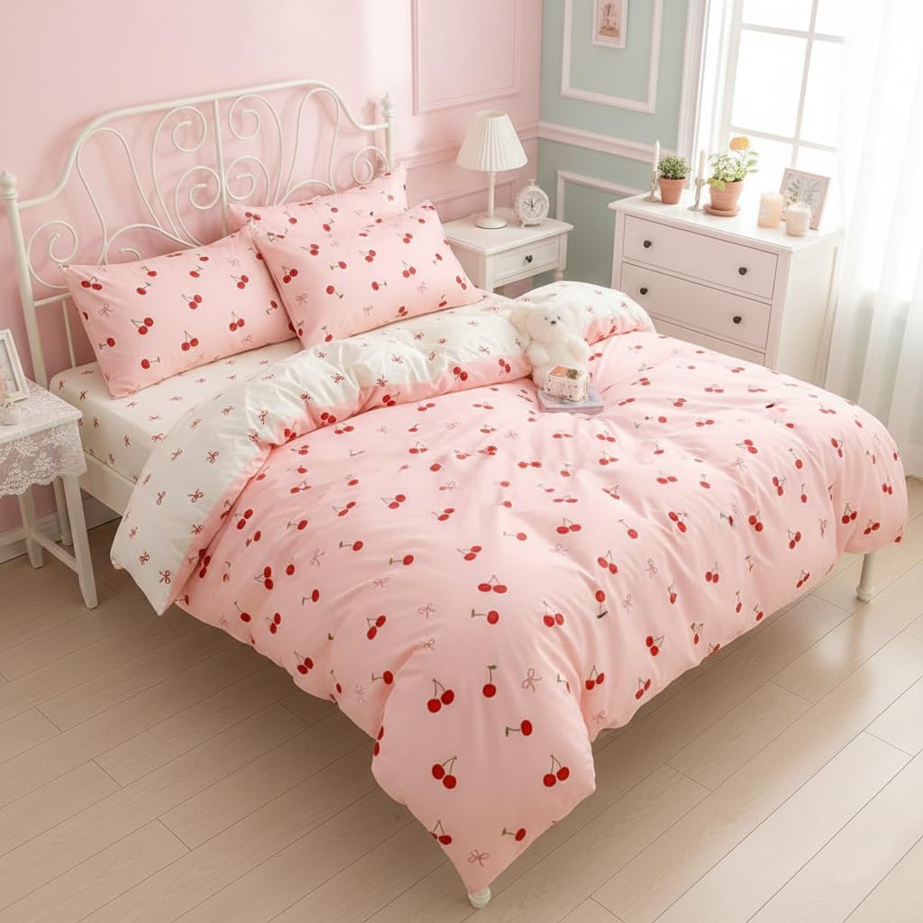 Sedefen Bow Duvet Cover Full Reversible Pink Cherry Coquette Beddding Set image 5