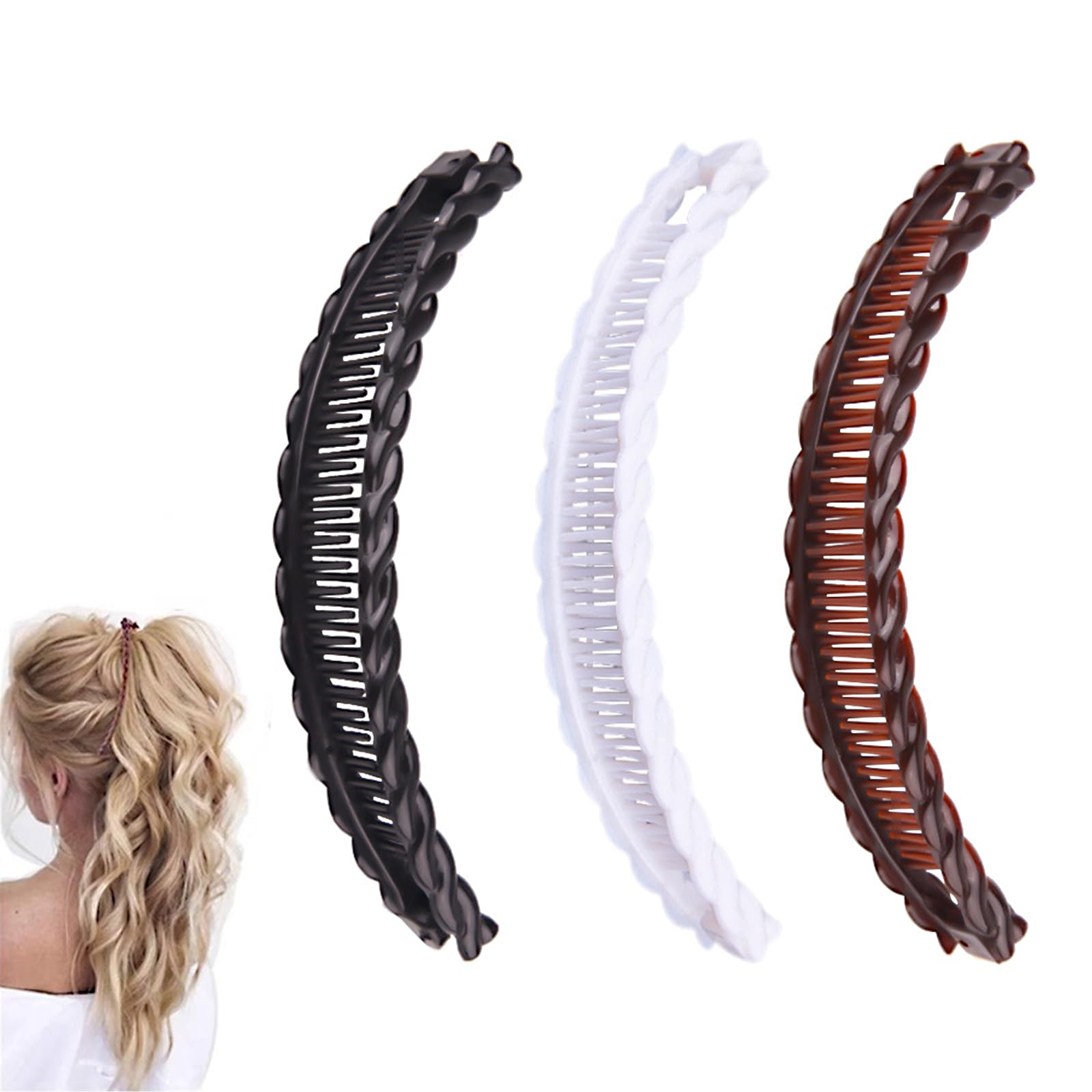 3pcs Banana Hair Clips for Women, Vintage Large Non-Slip Hair Claw Combs, Double Teeth Clip for Thick, Thin, Straight, Curly, Long, Short Hair - Black