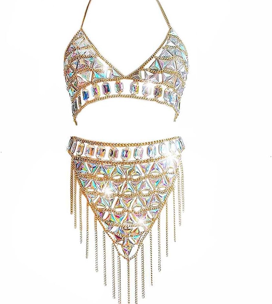 Rhinestone Body Chain Suit Boho Waist Belly Chain Skirt Crystal Body Chain Bra top Festival Jewelry for Women and Girls (โ
)