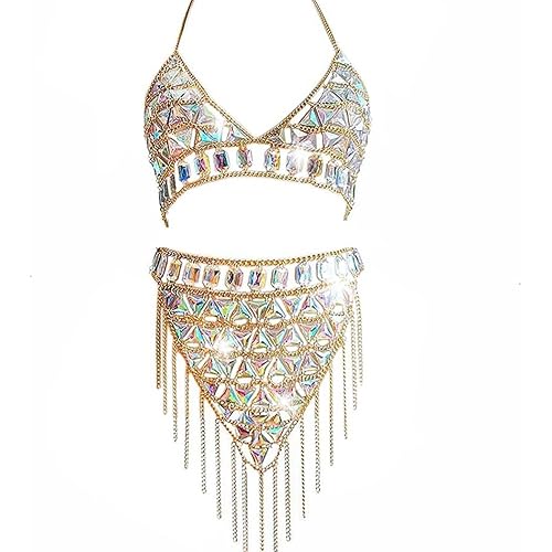 CanB Rhinestone Body Chain Suit Boho Waist Belly Chain Skirt Crystal Body Chain Bra top Festival Jewelry for Women and Girls (Ⅰ)