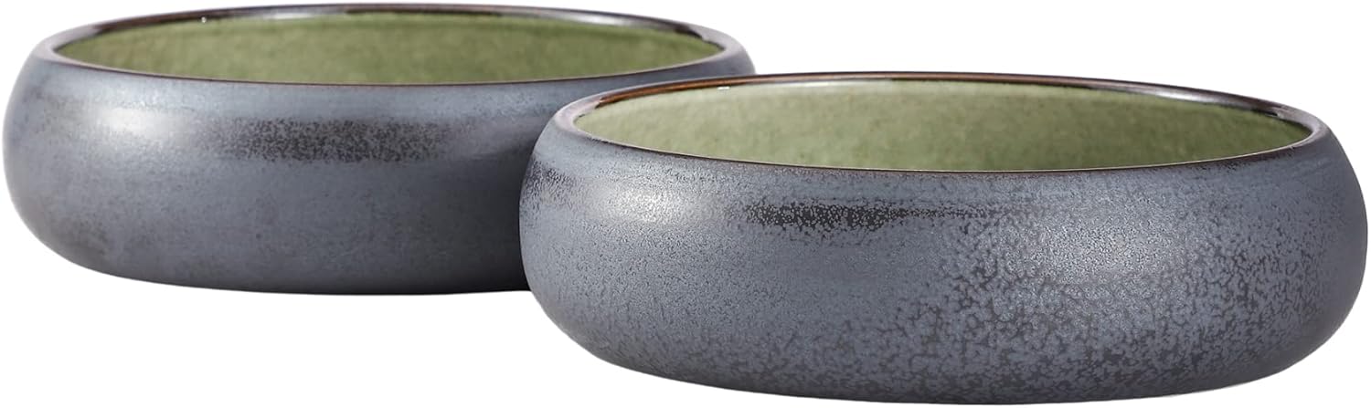 Uaral Black Large Salad Bowls,50oz Shallow Serving Bowl Set,8.5inch Ceramic Bowls,Set of 2, (Black and Green)