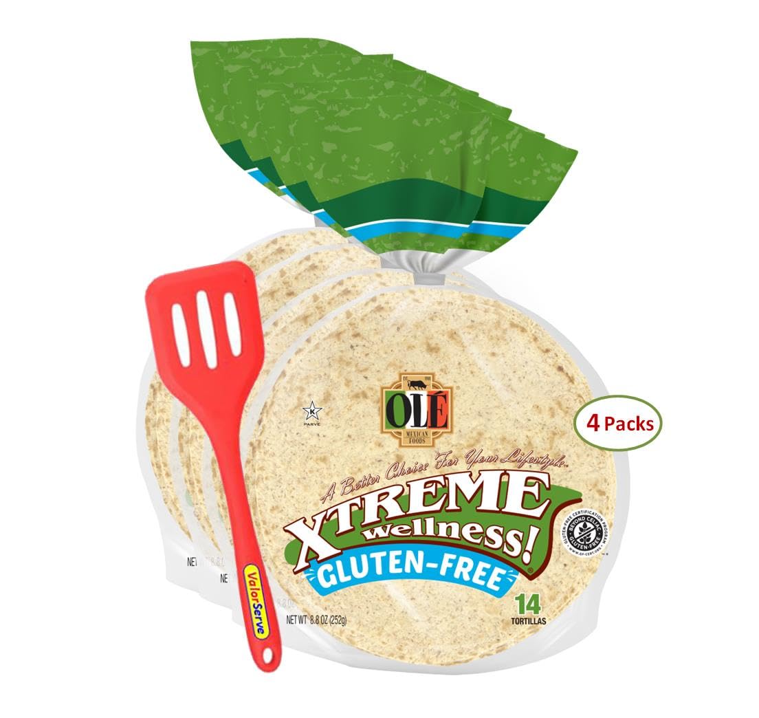 Olé Xtreme Wellness® Gluten Free Street Taco Tortillas | 4.5" Size Flour Tortilla | 8.8 oz.| 14 Count (Pack of 4) with ValorServe™ Mini Kitchen Utensil