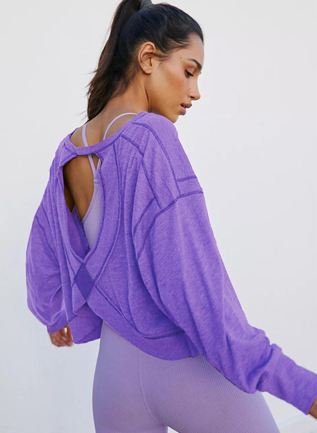 Women's Open Back Workout Crop Top Long Sleeve Casual Athletic Shirts Yoga Tee - Image 3