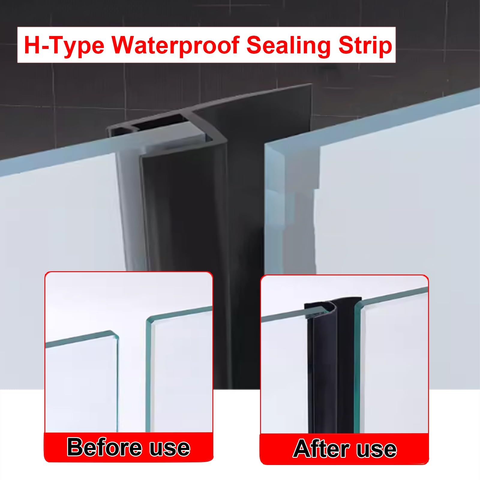 1.1 m Duschdichtungen für Duschtüren, PVC-Dichtung Dusche Glastür, H/F/U-Typ, Verhindert Leckagen Und Wasserschäden, Schwarz, 2er-Pack(H-12mm)