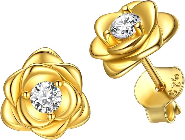 925 Sterling Silver/18K Gold Plated CZ Rose Flower Stud Earrings for Women Hypoallergenic Ear Studs(with Gift Box)