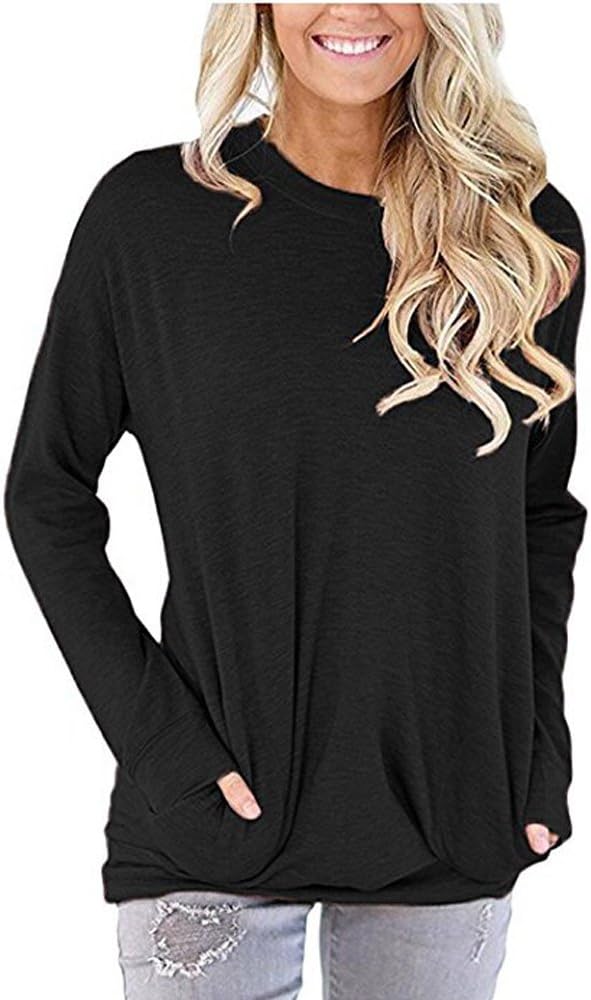 Women Solid Color Round Neck Casual Loose Short Long Sleeve Sweatshirt T-shirts Tops Blouse