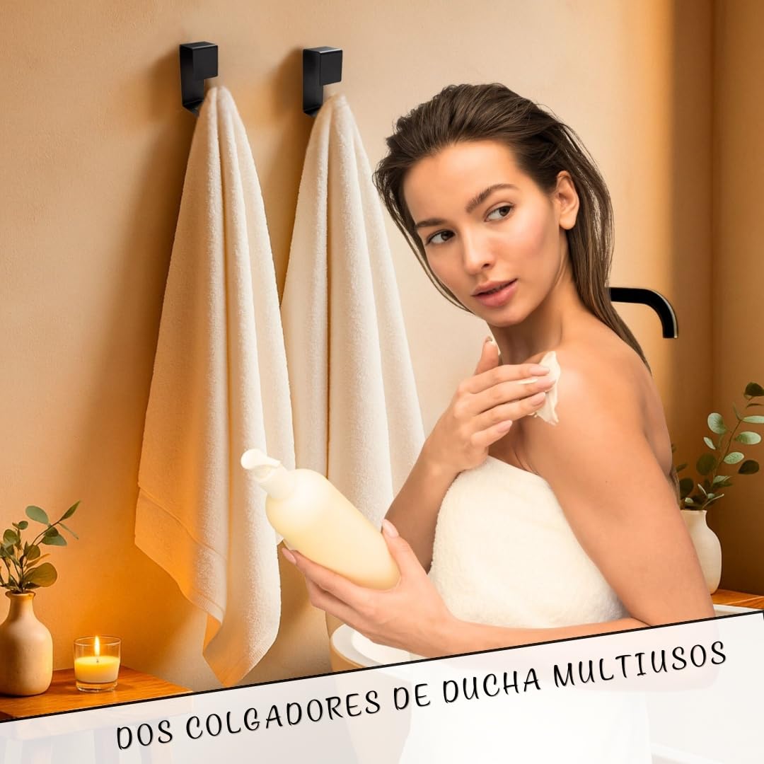 Accesorios Baño sin Taladro - Set de Baño 4 Piezas (Portarrollos Doble con Balda, Toallero y 2 Ganchos) - Accesorios Baño Negro Mate Texturizado - Kit de Instalación Incluido para un Montaje Sencillo