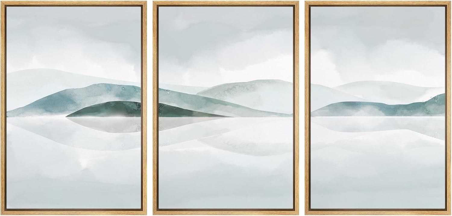 NWT Canvas Print Wall Art Set Abstract Blue and Gray Rolling Hills Geometric Wilderness Illustrations Modern Art Rustic Landscape Pastel for Living Room, Bedroom, Office - 24"x36"x3 Natural
