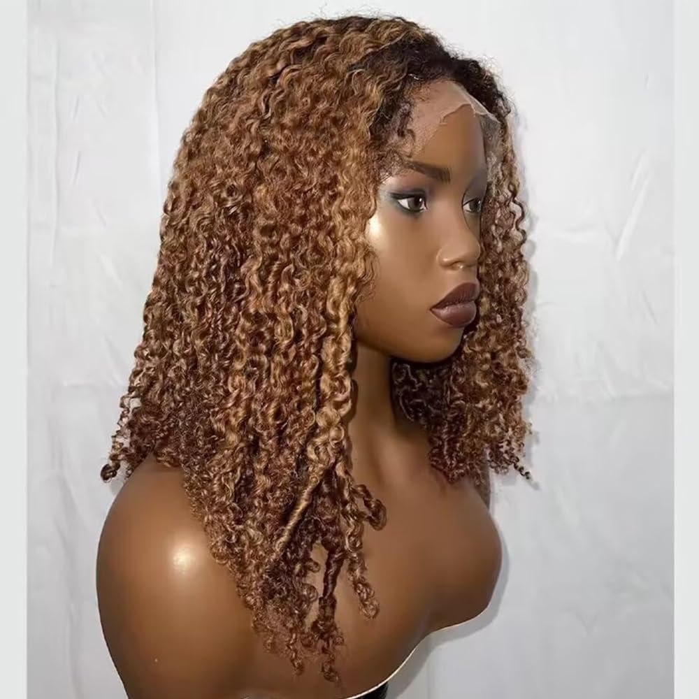Highlight Brown Chocolate Color Human Hair Wig With 4C Kinky Edges Ombre Blonde Glueless Wig 150% Density Invisible HD 13x4 Lace Front Wig With Curly Baby Hair Remy Brazilian Hair For Women 14 Inch