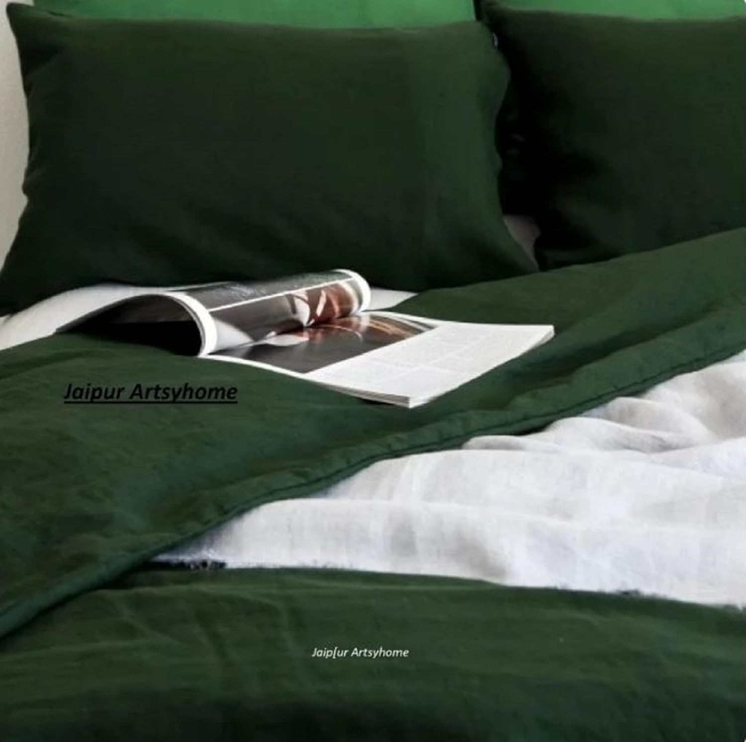 Generic Forest Green Linen Duvet Cover, Stonewashed Linen Bedding Set, Soft Linen Duvet, Twin Queen King Over Size Duvet Cover with 2 Matching Pillow Cover (Queen XL 90X98)