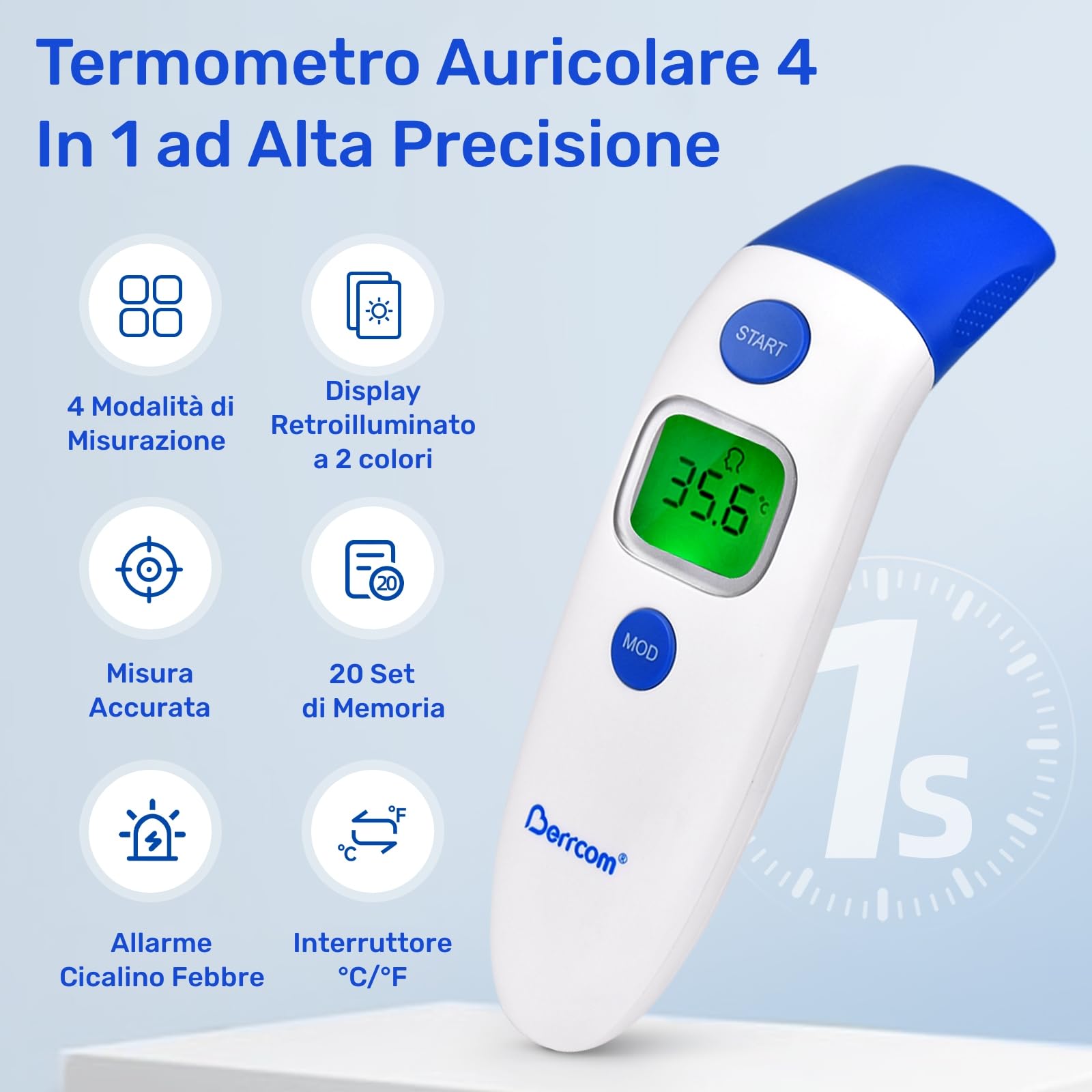 Berrcom Termometro Fronte e Orecchio Termometro Febbre Termometro Infrarossi Neonato Senza Contatto Termometro Digitale con Allarme Febbre, Lettura Istantanea