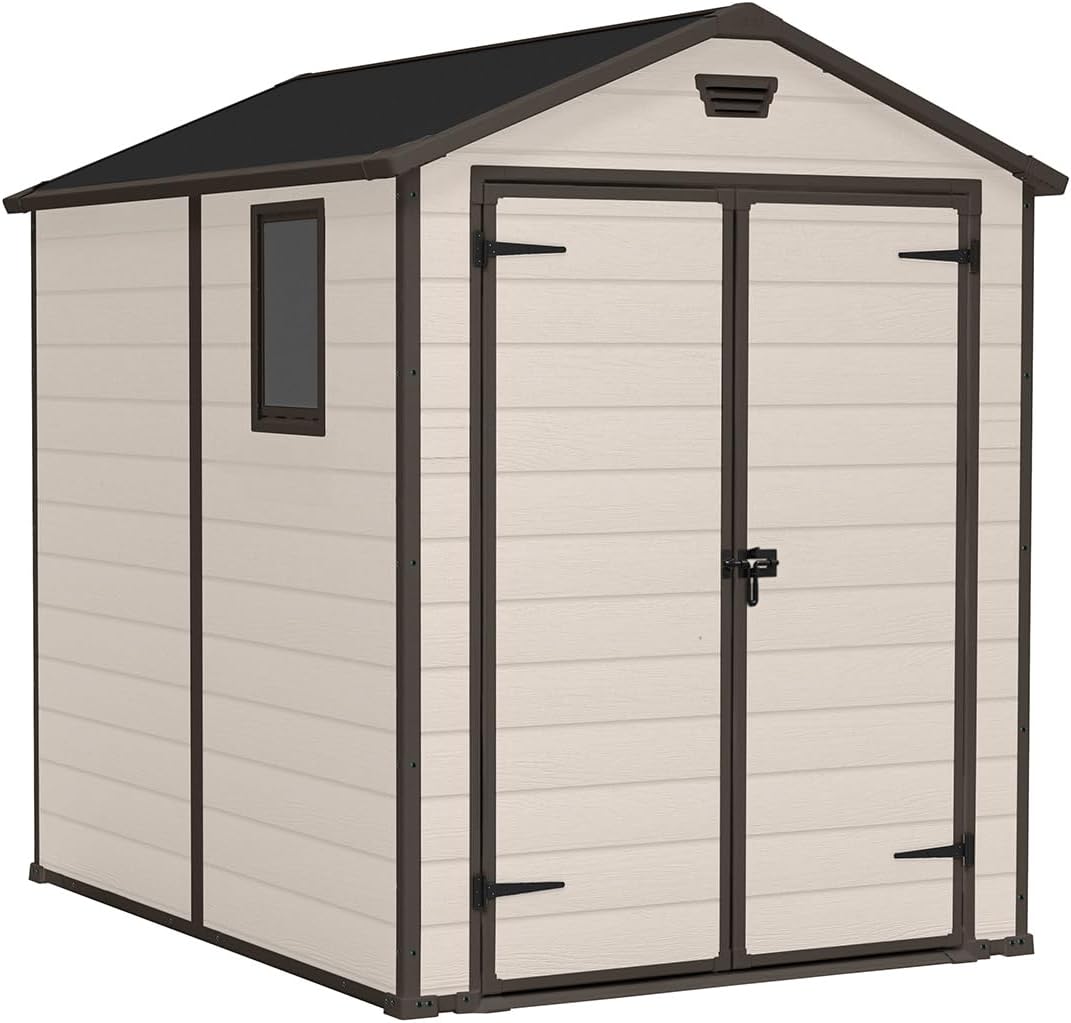 Keter Manor Outdoor Apex Double Door Garden Storage Shed 6 x 8ft Beige Brown Wood effect | Fade Free | All Weather Resistant | Safe and Secure | Zero Maintenance | 15 year Warranty