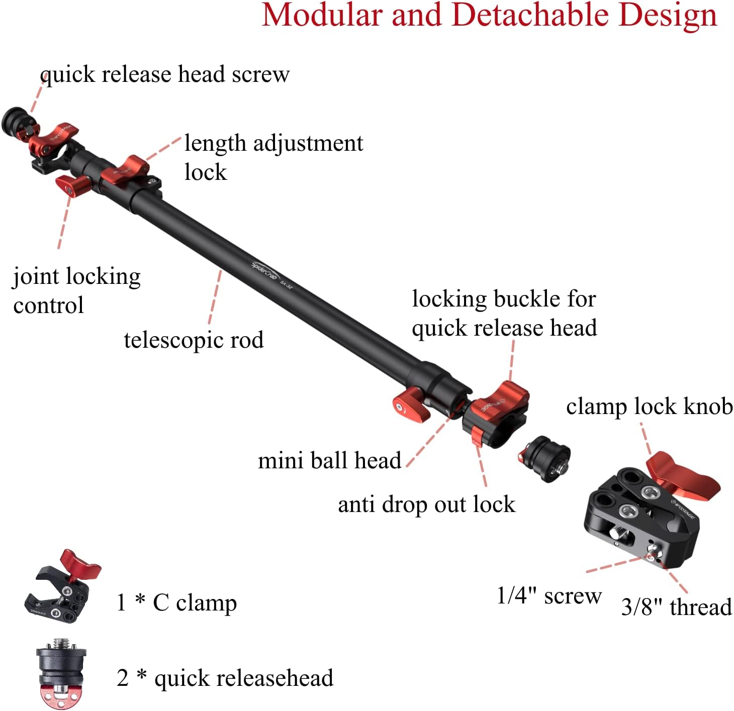 IFOOTAGE Camera Slider Support Arm Stabilizer SA-32, 32" Length Adjustable Telescoping Support Rod with C Clamps and Quick Release Ballhead for Camera Video Slider Rail and Tripod