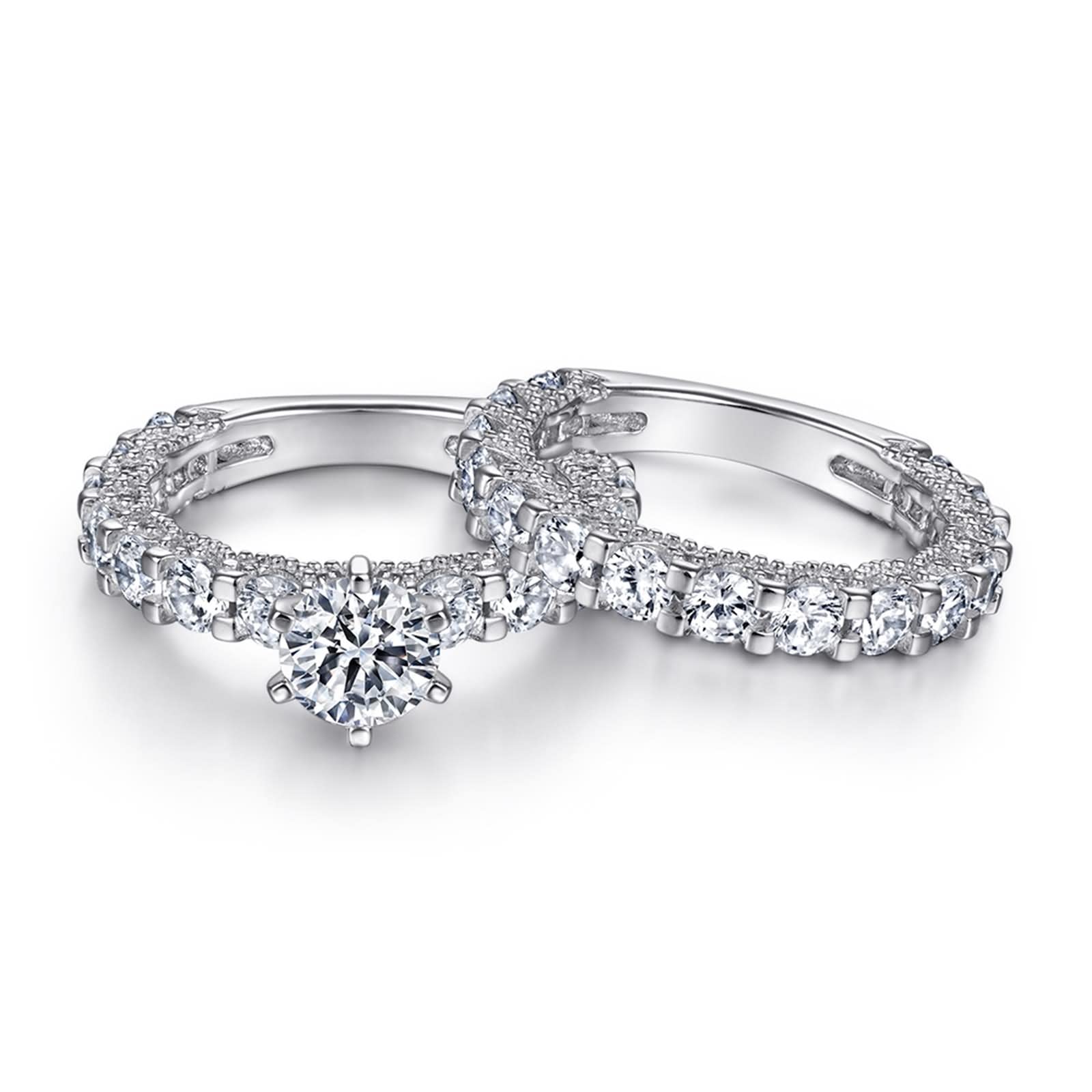 Eheringe für Damen, Damenschmuck aus Sterlingsilber, vollständig mit Juwelen besetzt, 2-Ring-Set aus Sterlingsilber mit Zirkonia