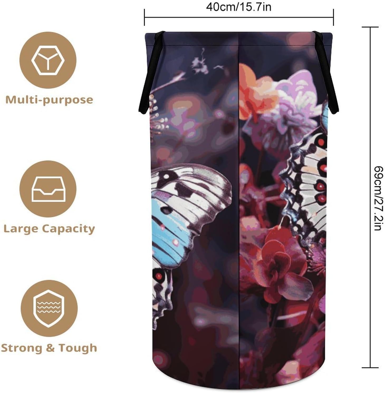 Colorful Butterflies on Flowers Laundry Basket 86L Laundry Hamper | Collapsible Clothes Hamper with Reinforced Handles Waterproof Tall Foldable Dirty Clothes Basket for Hotel, Home, Closet