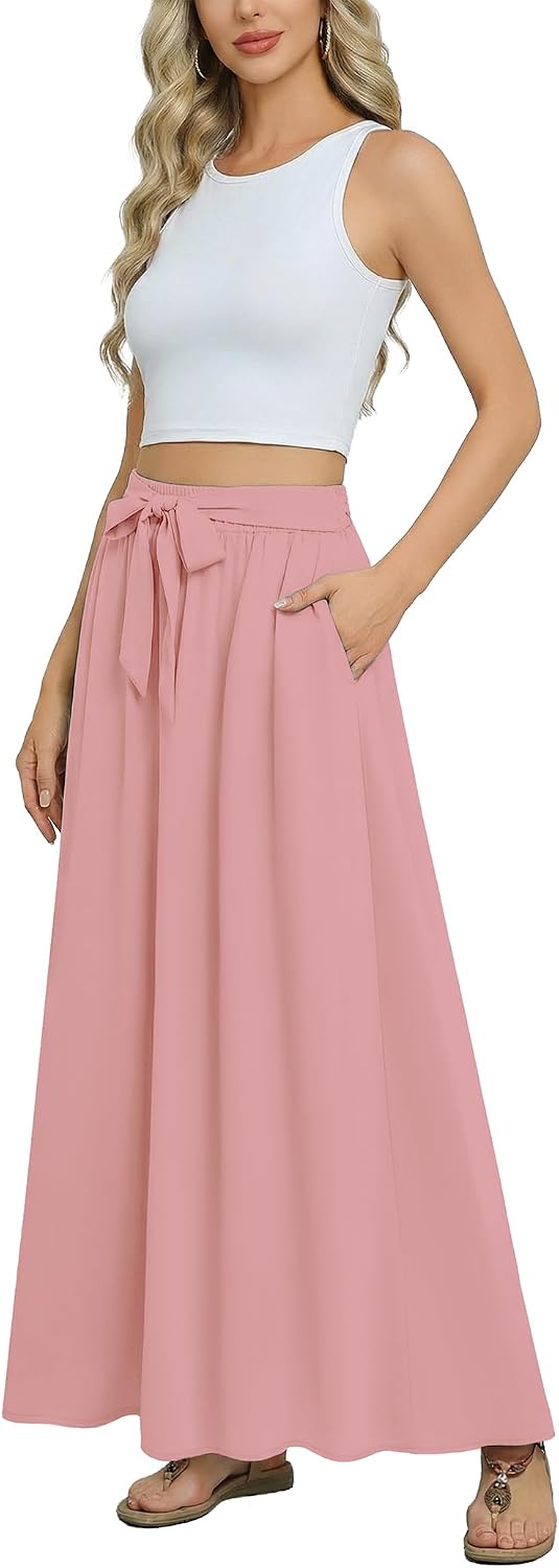 Askyes Womens Maxi Skirt Summer Trendy Tie Knot Elastic High Waisted Boho Casual Beach Flowy Swing Long Skirts with Pockets