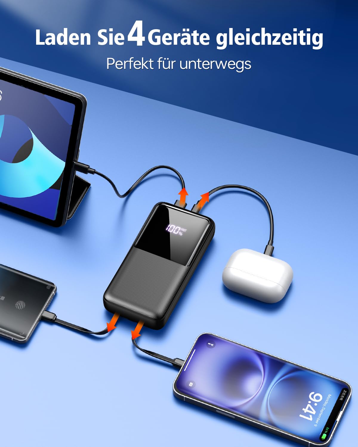 Power Bank 40000mAh, 22.5W USB C Powerbank Carga Rápida 2 Cables Integrados | 3 Puertos & 2 Cables Integrados Cargador Portátil, Batería Externa Compatible con iPhone 17/16/15 Android, Esenciales Camping