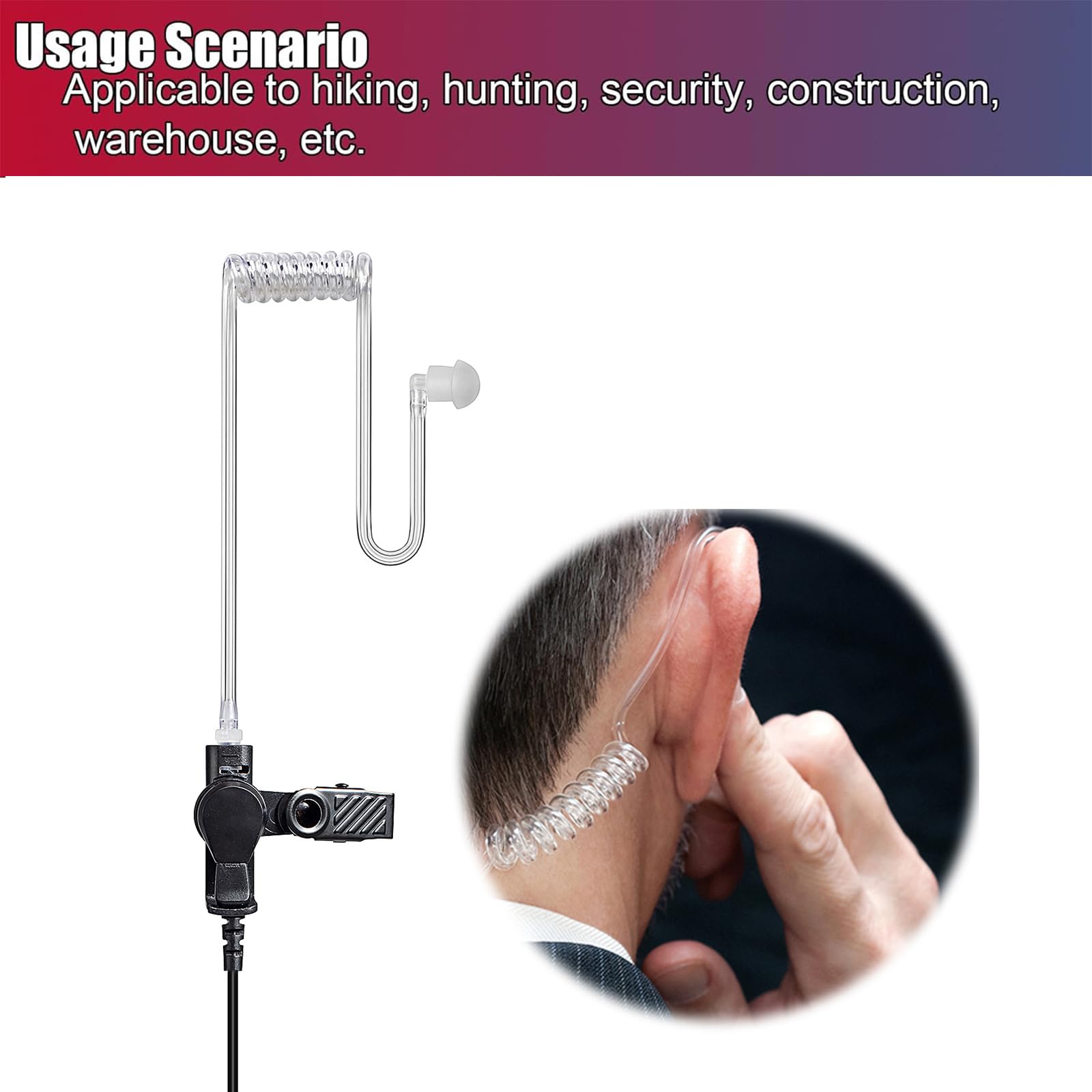 Cuffia con microfono 2 pin con pulsante PTT grande, compatibile con Kenwood eSnic Baofeng UV-5R Auricolare per radio bidirezionale per guardie del corpo di sicurezza (Tubo acustico, 1)