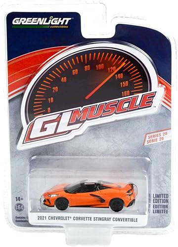 Miniatura 1 de 2021 Chevy Corvette Stingray Convertible Sebring Orange Metallic Greenlight Muscle Series 26 1/64 Modelo de auto fundido a presión por Greenlight