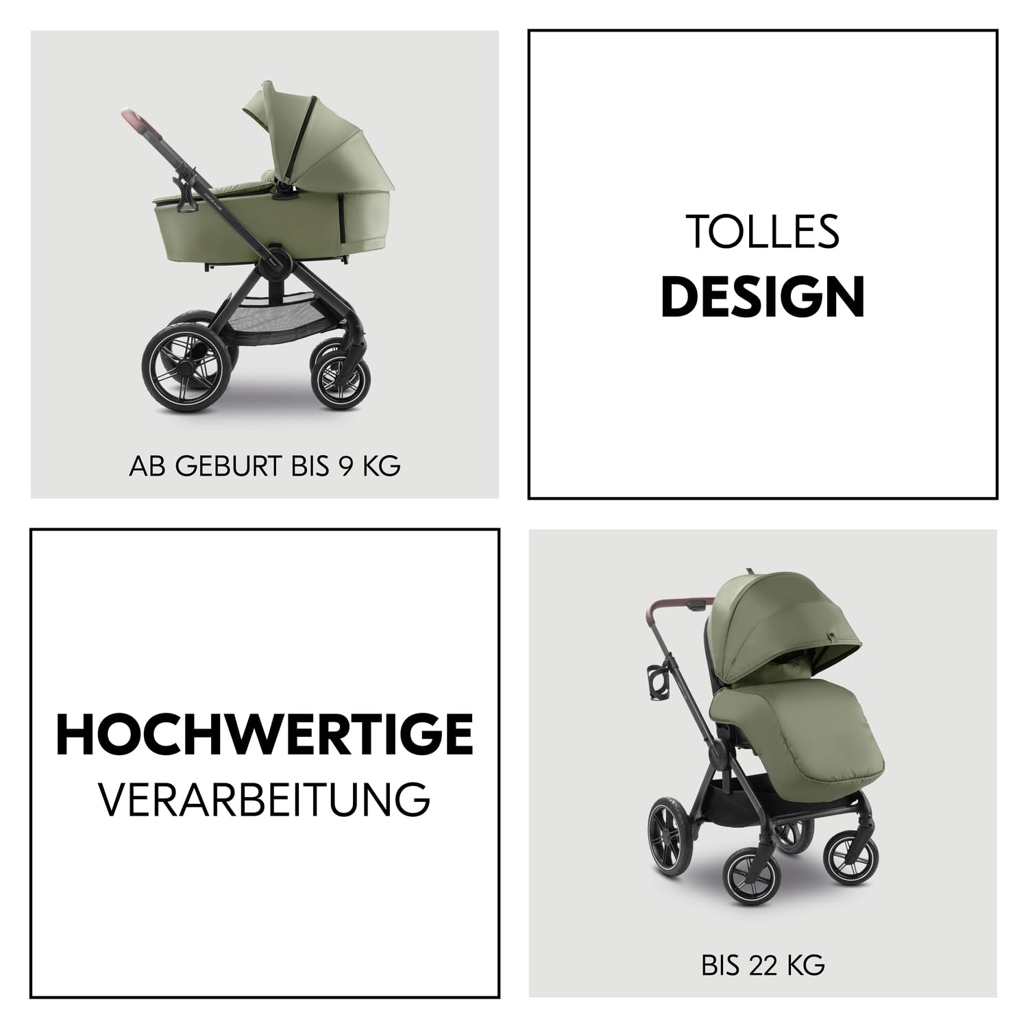 Hauck Comfort N Care Set Olive 2in1 Kinderwagen mit Gummireifen, Wanne, Wendbarer Sitz, bis 22 kg, Höhenverstellbar, inkl. Autositz Adapter