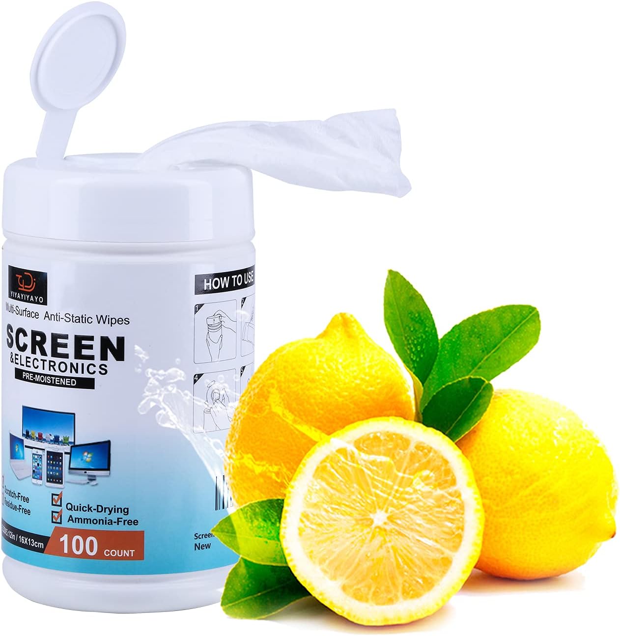 Screen Wipes for Electronics, 100 Count Pre-Moistened Computer Monitor Cleaning Wipes, Surface Cleaner, Great for Glasses, Phones, Tablets, TV, LCD Screen - Laptop Cleaner