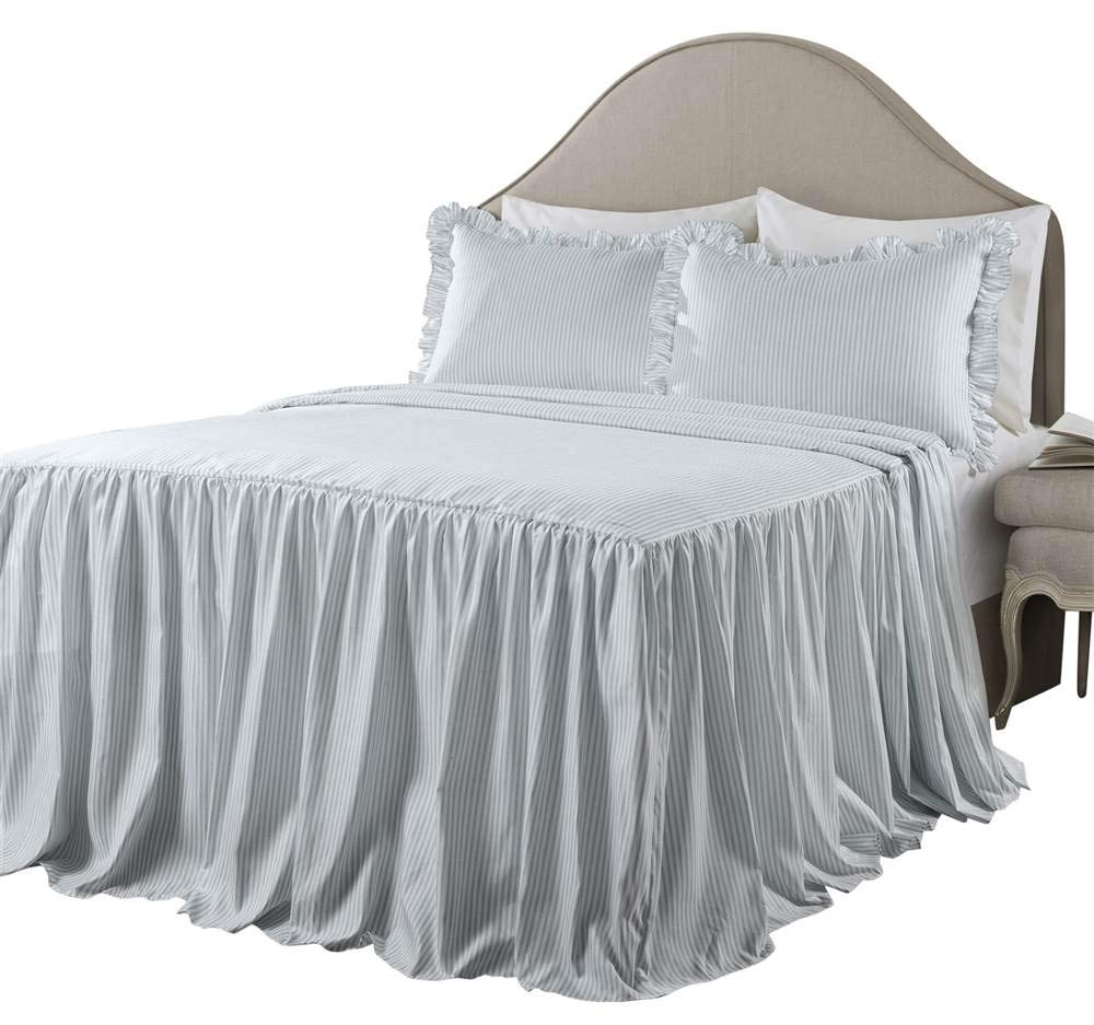 Lush Decor Ticking Stripe Bedspread Lake Blue Vintage Chic Farmhouse Style Lightweight 3 Piece Set Queen, Polyester