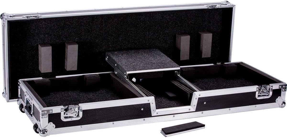 Deejay LED Fly Drive DJ Coffin Case for Two Turntables Plus One 10" Mixer with Laptop Shelf Low Profile Wheels