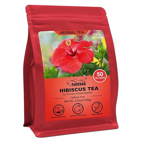 FullChea - Bolsas de té de hibisco, 50 bolsitas de té, 0.07 ozbolsa - Bolsa de té de flor de hibisco premium - Cultivado de Nigeria - Sin OMG - Sin
