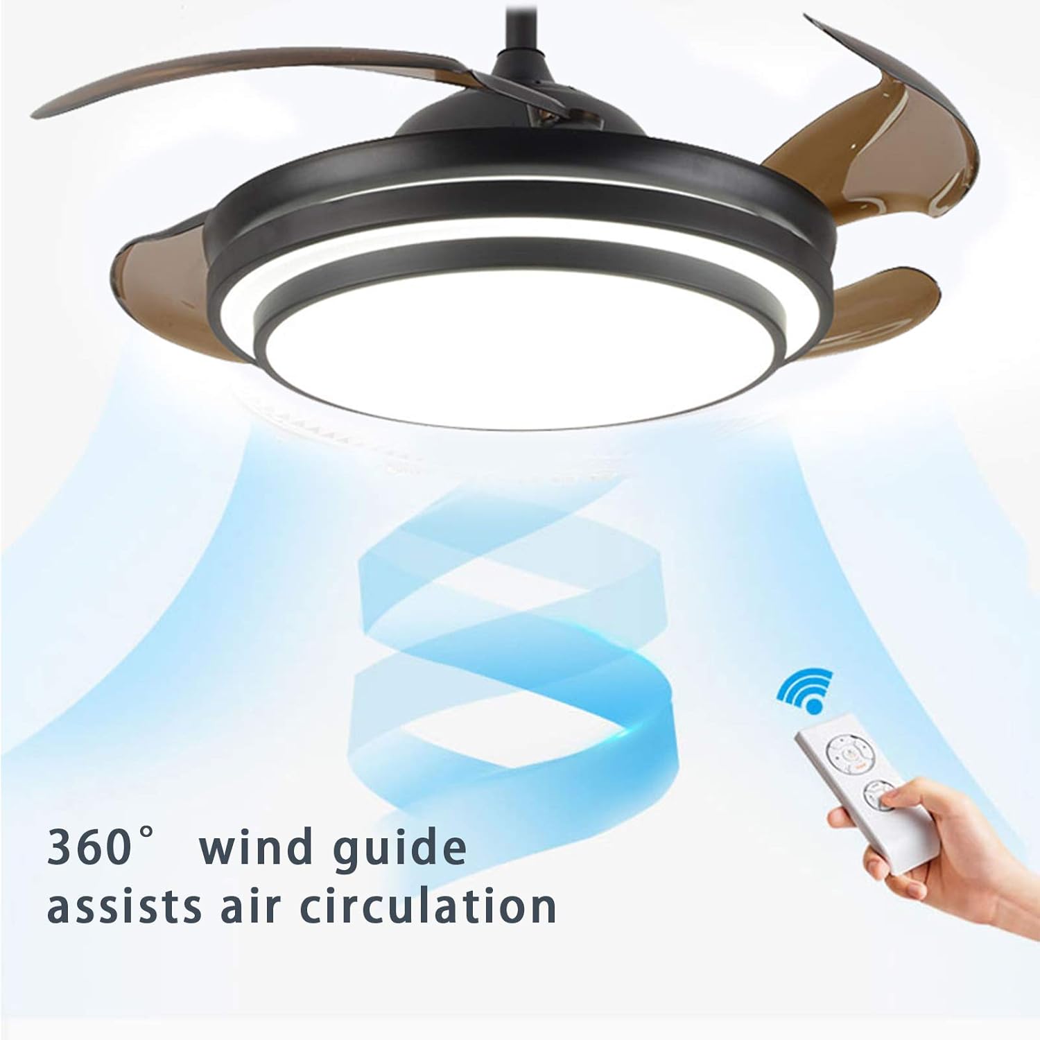 🛒 Crаzу Dеаlѕ 42 Modern LED Invisible Ceiling Fan Lights and Remote 4 Retractable Brown Blades Chandelier Fan lighting for Home Indoor Bedroom Diningroom Livingroom (Black)
