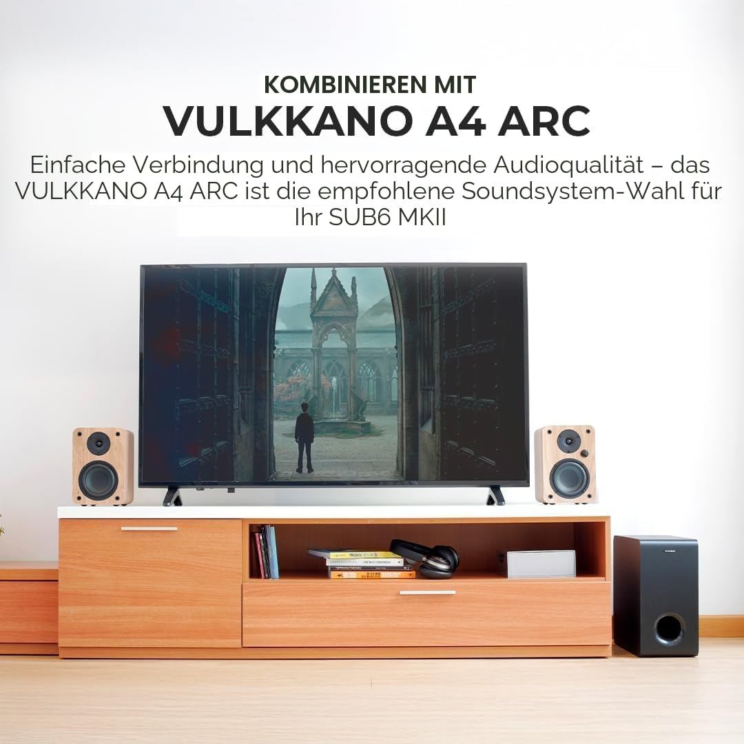 VULKKANO SUB6 MKII Kompakter aktiver Subwoofer mit 15,2 cm (6 Zoll) mit tiefem Bass und elegantem Design für Heimkino, Musik und Videospiele, Frequenz: 50 Hz bis 200 Hz