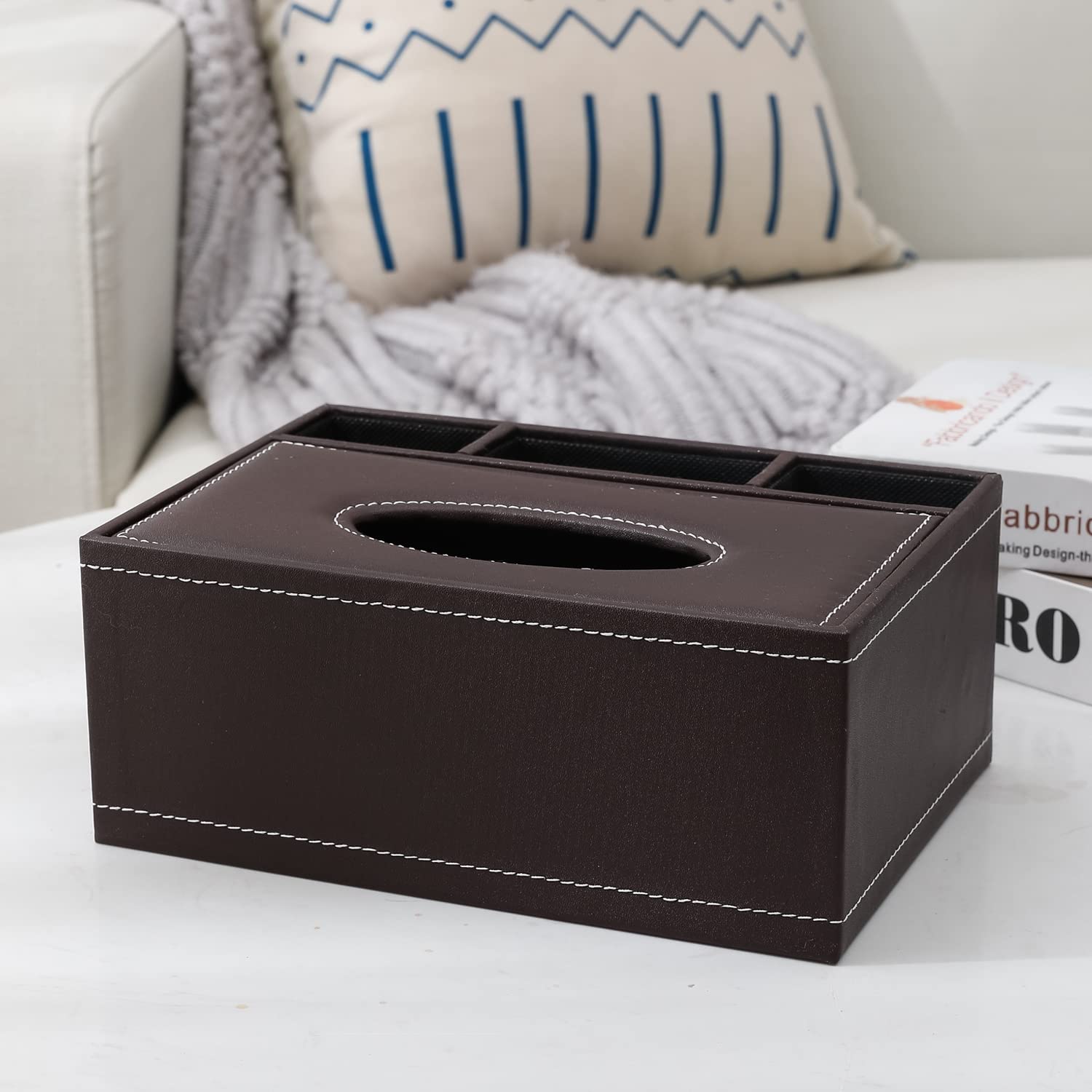 HOKIPO Faux Leather Tissue Storage Box with Compartment Remote Control Holder Desk Organizer, Brown (AR-4086-D4) 4
