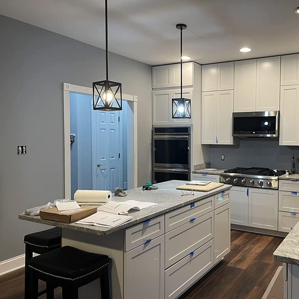 Industrial Pendant Light Fixture, Single Light Black Mini Hanging Chandelier Farmhouse Kitchen Island Lantern Cage Ceiling Lights for Dining Room Restaurant Cafe Hallway Bar Barn