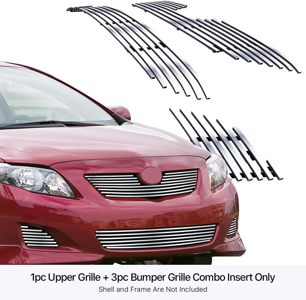 APS Compatible with Toyota Corolla 2009-2010 Main Upper Lower Bumper Stainless Steel SS Chrome Billet Front Grill Grille Insert Combo T66602A