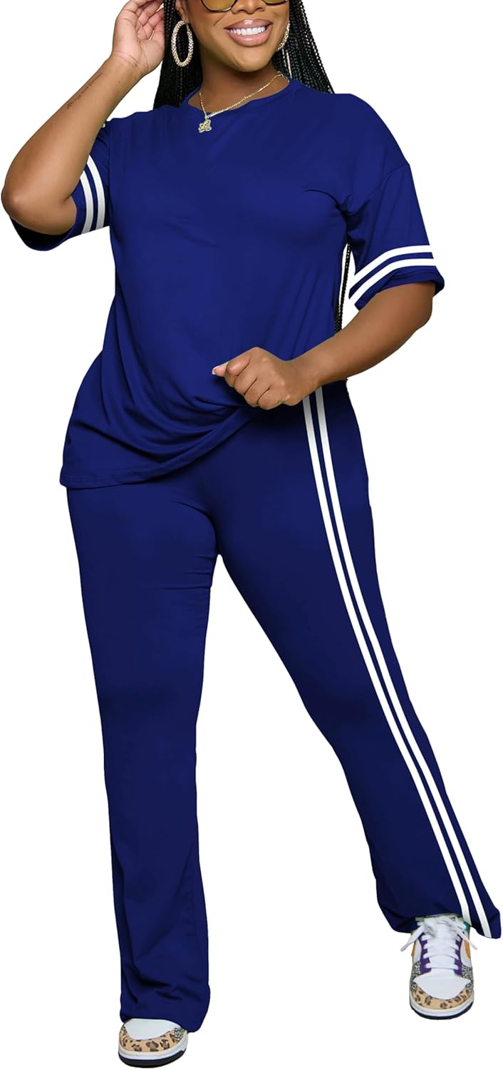 Women's 2 Piece Outfits Crewneck Short Sleeve Tops and Flare Pants Lounge Sets Tracksuit - Image 6