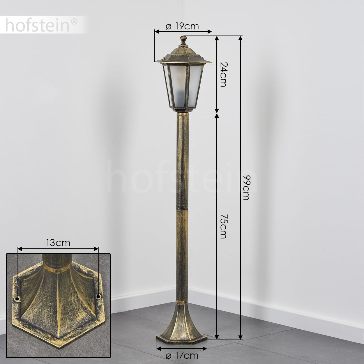 HOFSTEIN Lampa zewnętrzna Loria, oświetlenie ścieżki z metalu/szkła w kolorze złotym/brązowym/białym, lampa zewnętrzna o wyglądzie antycznym, 99 cm, lampa ogrodowa, oświetlenie ogrodowe IP44, 1 x E27,