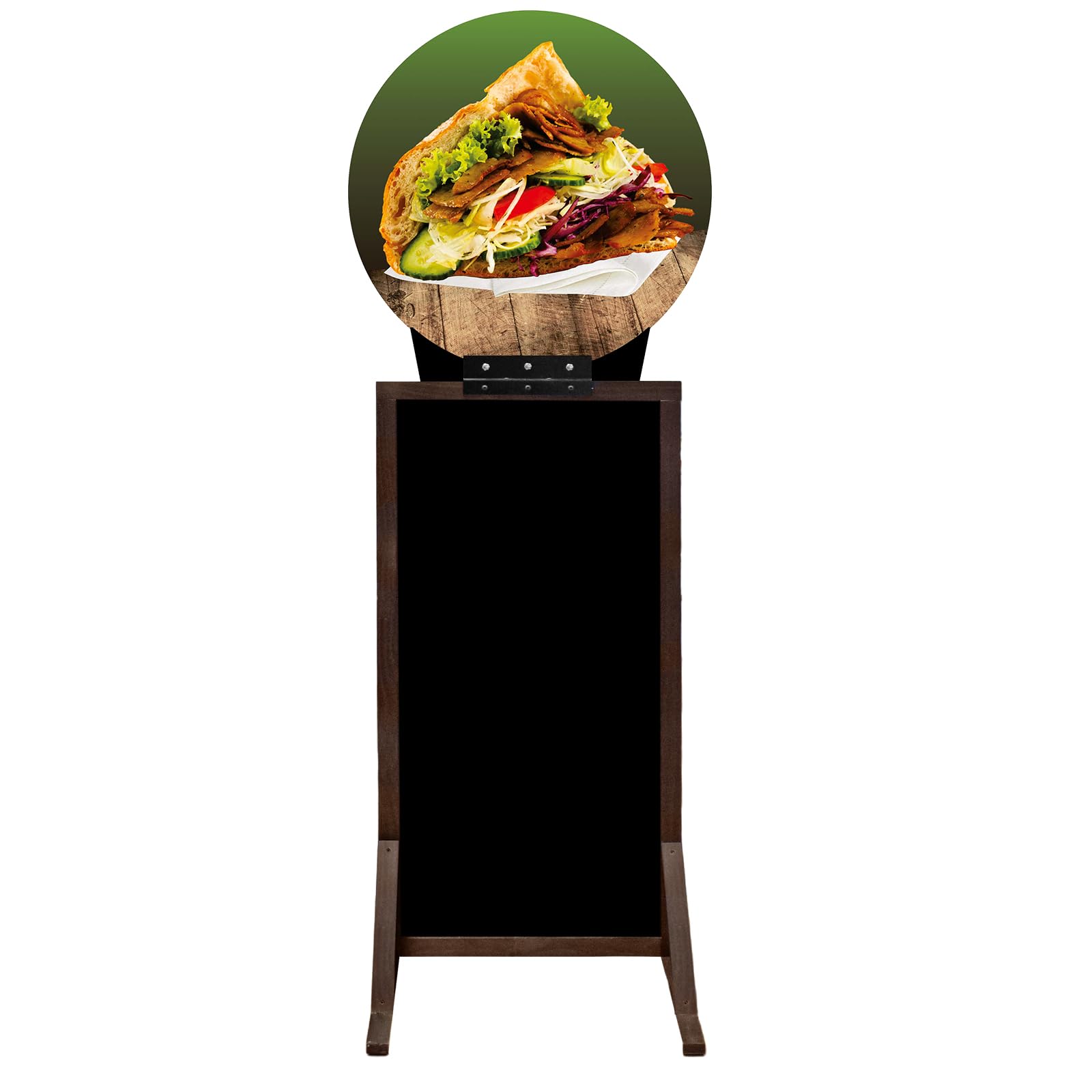 Doppelseitiger Kundenstopper 190 x 74 cm, wasserdicht, mit ABS-Kreidetafel, braune Holzkonstruktion, 16 Motive für Eisdiele, Café, Pizzeria und Gastronomie (9. Pizza Margherita)