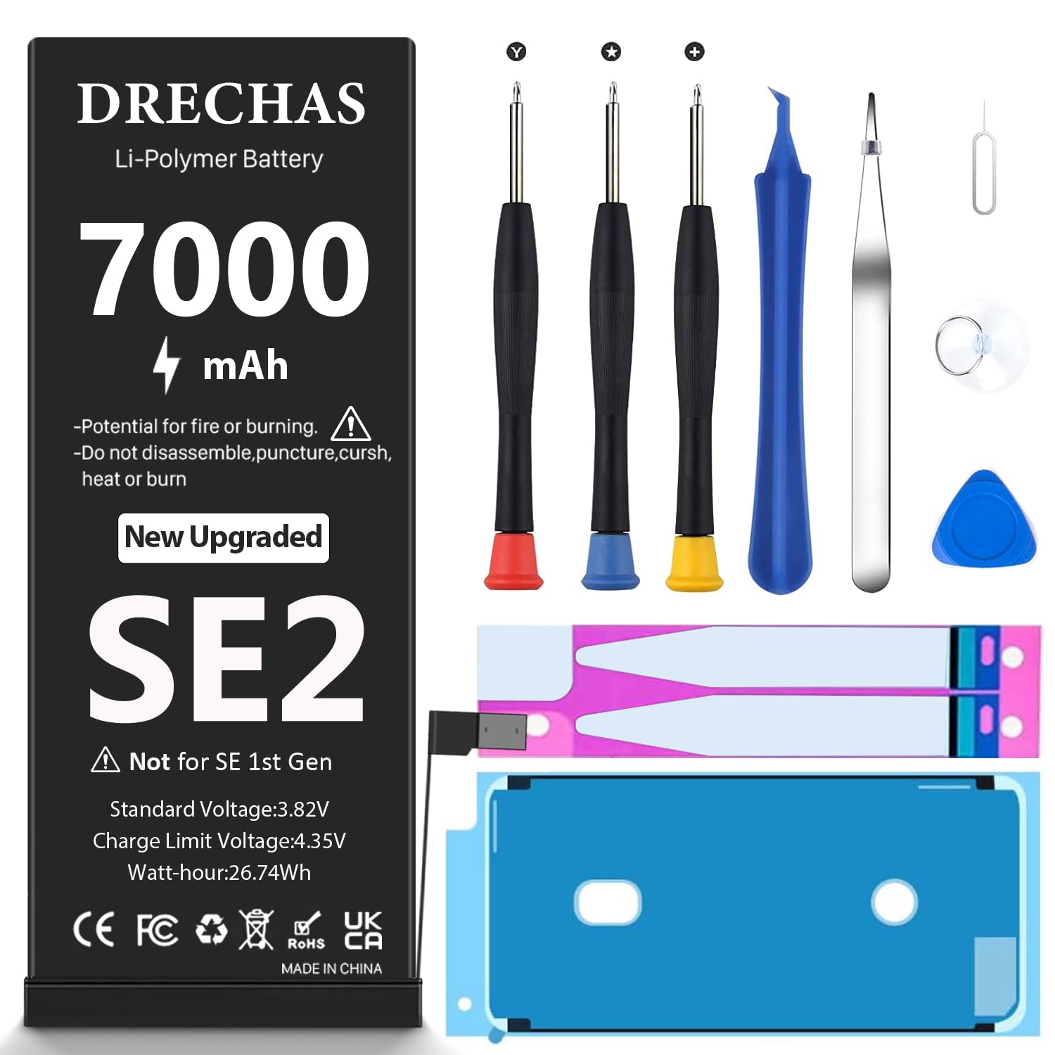 Battery for iPhone SE2020 7000mAh, (Not for iPhone SE 1st Gen) 2025 Capacity 0 Cycle Li-Polymer Replacement Battery for iPhone SE 2nd Gen A2275 A2296 A2298 with Professional Repair Tool Kit