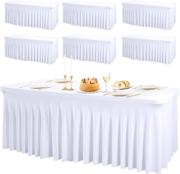 PARTISKY 6 Pack White Spandex Table Cloths for Rectangle Tables 6ft, White Table Skirt for Party, Table Cover with Skirt for Wedding Folding Table Banquet Baby Shower & Birthday Parties