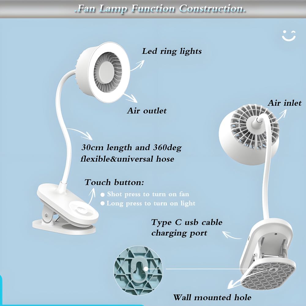 Portable clip and LED lamp 2 in 1 more functions hanging,desktop fan, 4.5W three gears wind speed,two gears led circular lamp high brightness lighting ,touch button with CE FCC certifications (Pink)