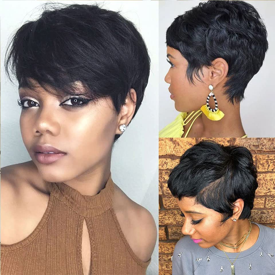 Short Pixie Cut Human Hair Wigs Brazilian Straight Hair Wigs None Lace Front Wigs Machine Made Wig for Black Women Natural color (8INCH, 1B)