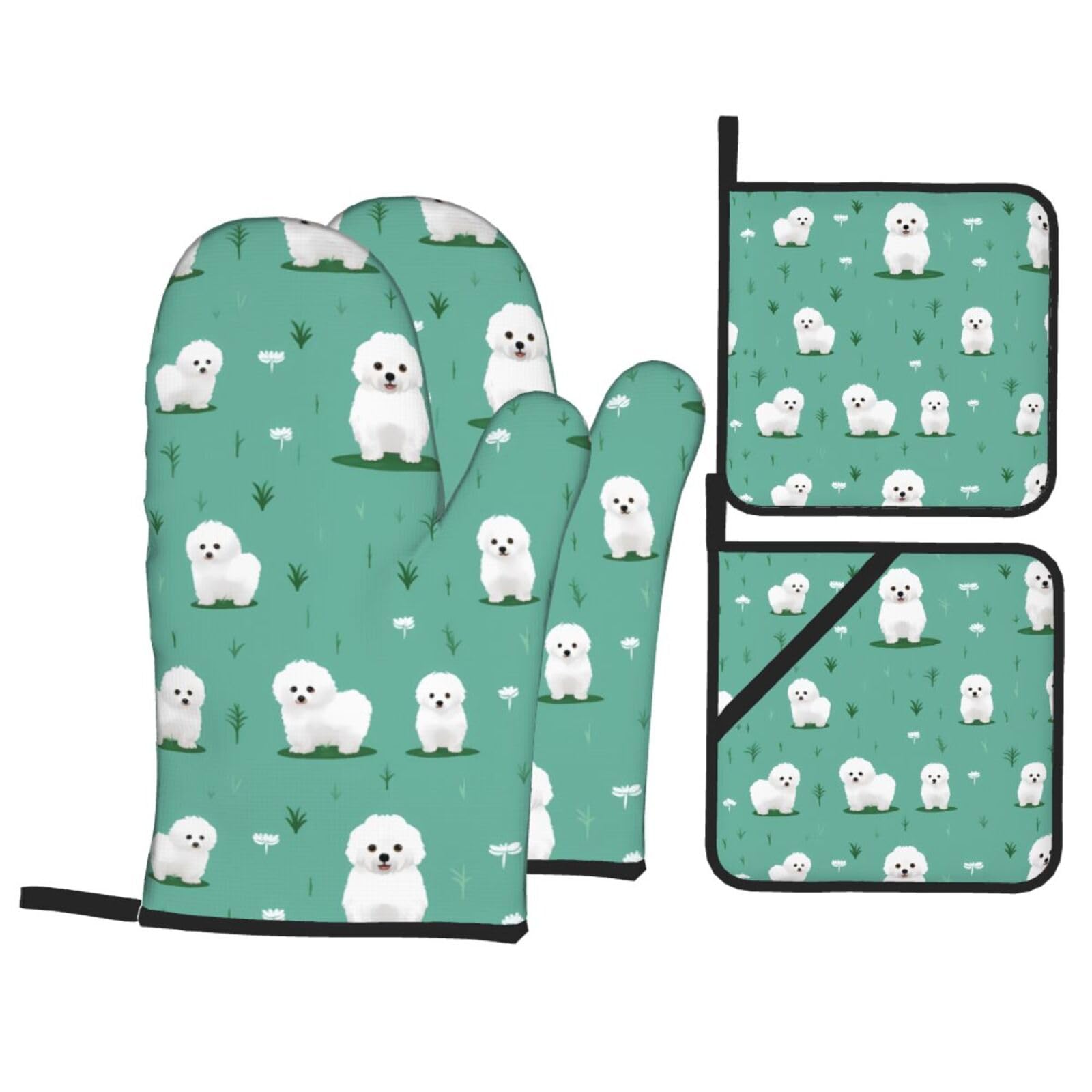 HJFCZH Bichon On The Grass Picture Kitchen Baking Set of 4 Thick Insulated Oven Mitt & Pot Holders, Anti-Scalding for Microwave, Oven, Outdoor BBQ